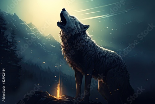 a wolf howling in the dark with trees in the background, A lone wolf howling under the light of the moon