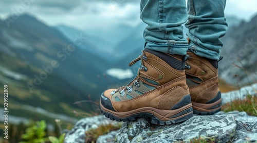 Legs wearing eco-friendly hiking boots, standing on a scenic mountain ridge. Minimal and Simple style