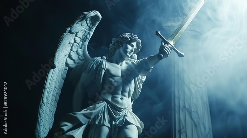 majestic statue of archangel michael wielding sword defeating evil religious sculpture on dramatic dark background