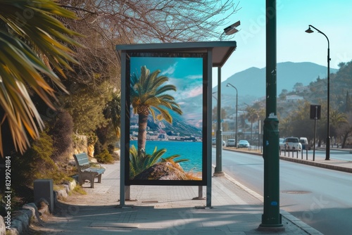 a bus stop with a bus parked on the side of the road, An outdoor bus stop billboard mockup showcasing a travel agency poster