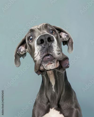 portrait studio d'un chien de race dogue allemand faisant une grimace