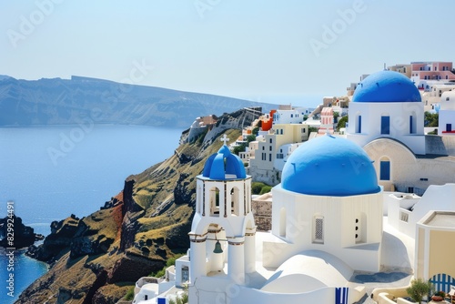 a view of a blue domed building on a cliff, A pristine Greek island village with whitewashed houses and blue-domed churches