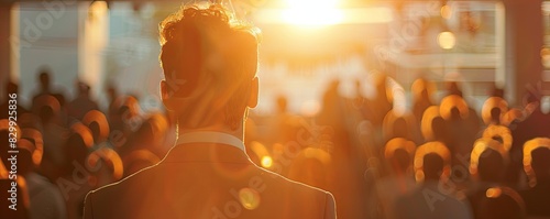 A confident young businessman is giving a talk on stage in front of audience at business conference, back view.