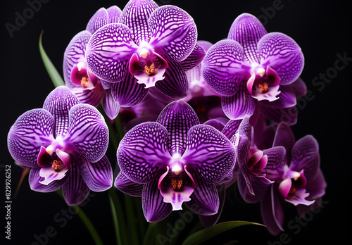 Purple vanda orchid isolated on dark background. Spring and tropical flowers