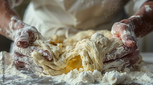 Hands of a baker kneading dough, capturing the rhythmic motion and texture of the flour-covered surface. Minimal and Simple style
