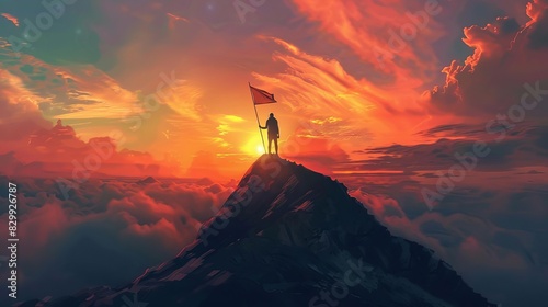 man with flag on top of mountain silhouette against sunset sky concept of achievement and success digital painting