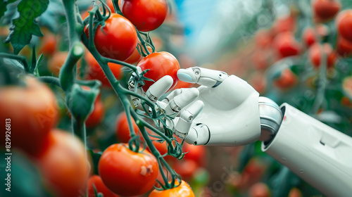 Close-up of a robotic hand carefully picking tomatoes in a high-tech farm.