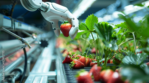 Close-up of a robotic hand picking ripe strawberries in a modern hydroponic setup.