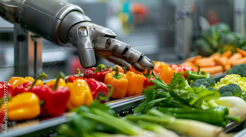 Close-up of a robotic hand sorting fresh, colorful vegetables on a conveyor belt.