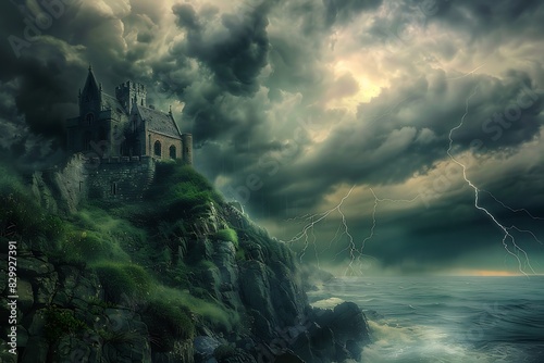 Thunderstorm brewing above a feudal castle on a cliff