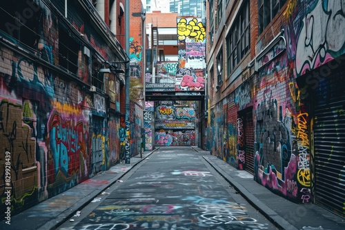 a narrow alley with graffiti on the walls, Graffiti-covered walls in an urban alleyway