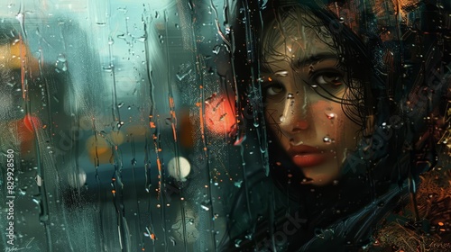melancholic woman lost in thought by a rainstreaked window contemplating lifes uncertainties digital painting