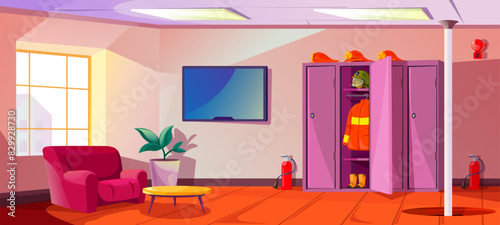 Fire station interior. Cartoon firehouse indoor firefighter station, empty fireman relax room with steel pole, locker for boots helmet armchair and tv, recent vector illustration