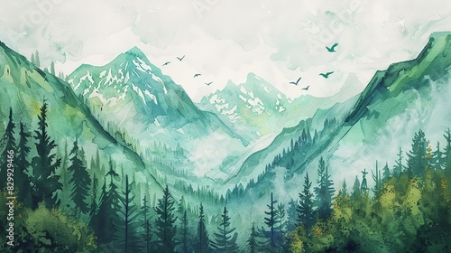 Painting of mountains with lush trees accompanied by flying birds and cloudy skies
