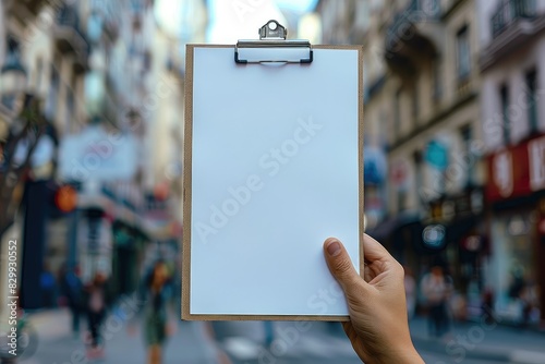 A hand holding a blank clipboard in the city