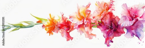 Delicate watercolor drawing of pink, orange and purple gladiolus flowers.