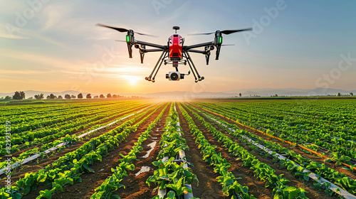 Precision agriculture drones applying nutrients to a vast field of crops.