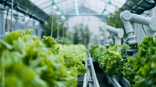 Robotic arms managing and sorting vegetables in a futuristic greenhouse.