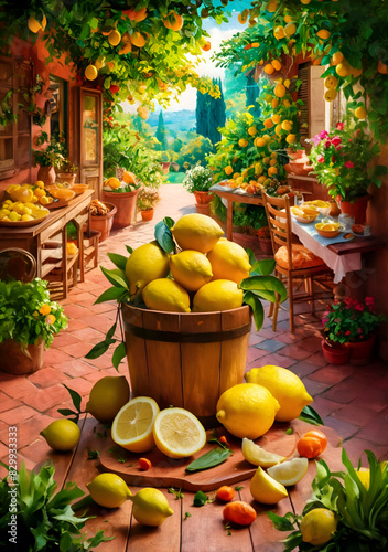  beautiful image with ripe lemon citrus fruits harvest in Kalabria village. digital artwork in paint style. Ai generated.