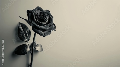 minimalist sympathy condolences card with black rose on muted grey funeral concept