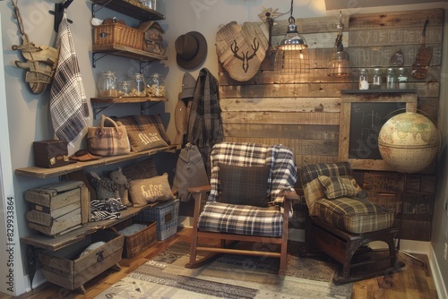 A rustic-chic nursery featuring reclaimed wood accents a cozy rocking chair with plaid cushions and shelves adorned with mason jar organizers for baby