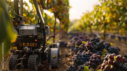 Robotic harvesters working efficiently in a vineyard filled with plump grapes.