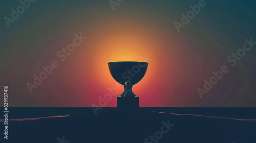 A dark blue chalice is centered on a hill at sunset