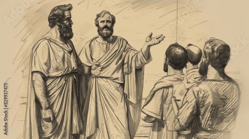 Biblical Illustration: Paul Preaching in Athens, Areopagus, Philosophers Listening, Beige Background, Copyspace
