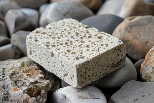 A single block of pumice sits atop a variety of smooth, rounded stones in a natural setting