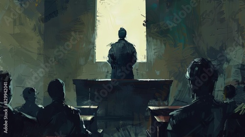 mysterious courtroom mumbler convicts enigmatic presence dramatic digital painting