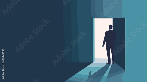 Businessman opening door to dead end, symbolizing career obstacles and the fear of making mistakes in a professional journey.