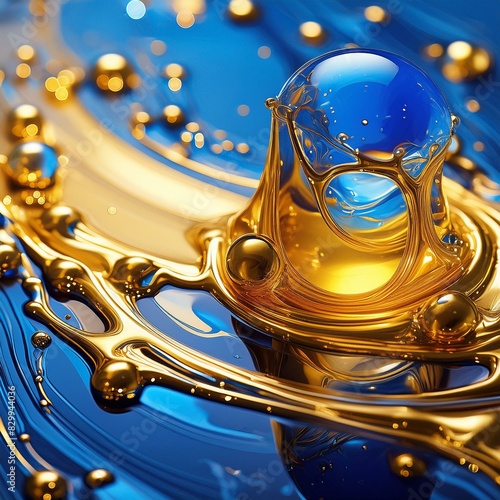 Liquid paint of molten gold and blue; artistic colors and abstraction, detailed drawing, reflections in drops of water on glass. created by AI