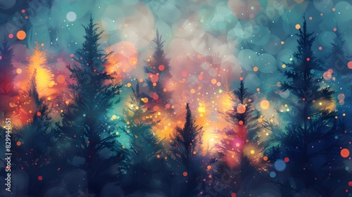 Abstract painting of a forest with colorful lights and bokeh