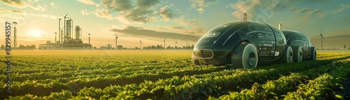 A futuristic farm with autonomous vehicles transporting harvested crops to processing facilities