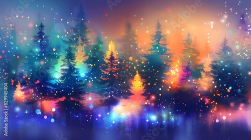 Abstract painting of a forest with colorful lights and bokeh