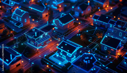 Worms-eye view of a futuristic smart home, sleek connected devices emitting soft blue glow, photorealistic digital art, intricate circuitry details, serene twilight backdrop