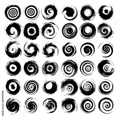 Grunge spirals black ink sketch vector set. Round rotating vortex hypnotic curls pimples tails motility icons isolated on white background