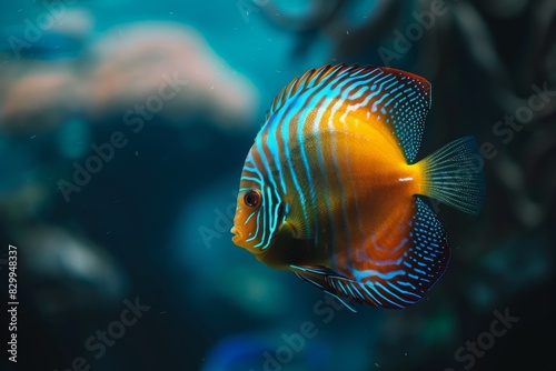 Enigmatic aquatic beauty. Discus fish (symphysodon aequifasciatus) featuring stunning color patterns in aquarium