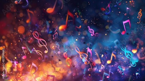Colorful background with musical notes. The concept of music, songs, and sounds. To advertise concerts, songs, and compositions.