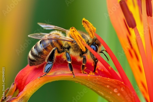 A detailed macro shot of a honeybee collecting nectar from a flower, highlighting the intricate beauty of nature