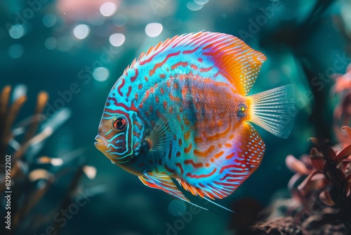 Radiant aquatic splendor. Discus fish (symphysodon aequifasciatus) exhibiting striking color patterns in aquarium