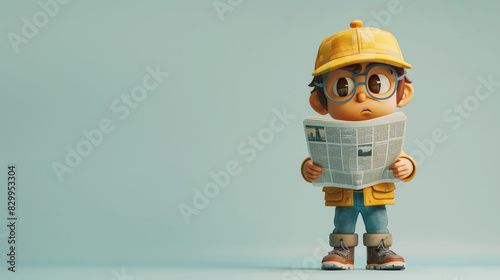 3D cute cartoon character wearing a yellow cap and glasses, reading a newspaper with a curious expression with copy space.