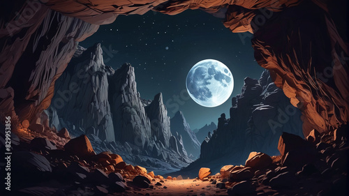 View from inside a cave on rocky cliff mountains at night with a crescent moon in the sky. illustration of a midnight landscape seen through an underground grotto entrance hole. Generative AI.