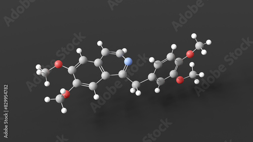 papaverine molecular structure, opium alkaloid antispasmodic drug, ball and stick 3d model, structural chemical formula with colored atoms
