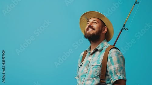 An angler is a person who has a passion and interest in fishing, whether for relaxation, sport, or for catching fish as food. Isolated blue background