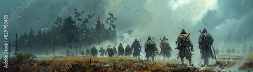 A group of soldiers walking through a foggy forest.