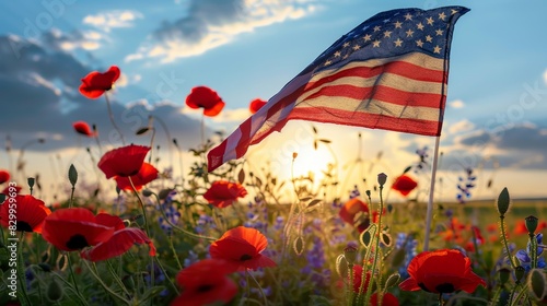 Tattered American flag in the wind, capturing a minimalist Memorial Day tribute close up, national pride, dynamic, blend mode with a field of poppies backdrop