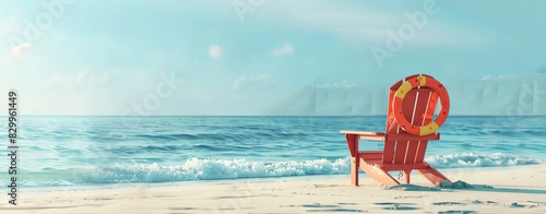 Colorful beach chair and life jacket on the sand in the style of blue sea banner with copy space for summer vacation concept, travel background.