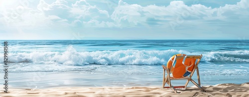 Colorful beach chair and life jacket on the sand in the style of blue sea banner with copy space for summer vacation concept, travel background.