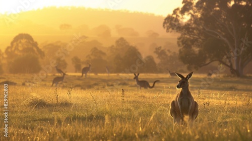 imagine a golden hour shot of kangaroos grazing in a field, with warm light casting a gentle glow on the landscape and the animals --ar 16:9 --style raw Job ID: 5ec31c5f-03ac-469d-b665-a2ed4de0f128